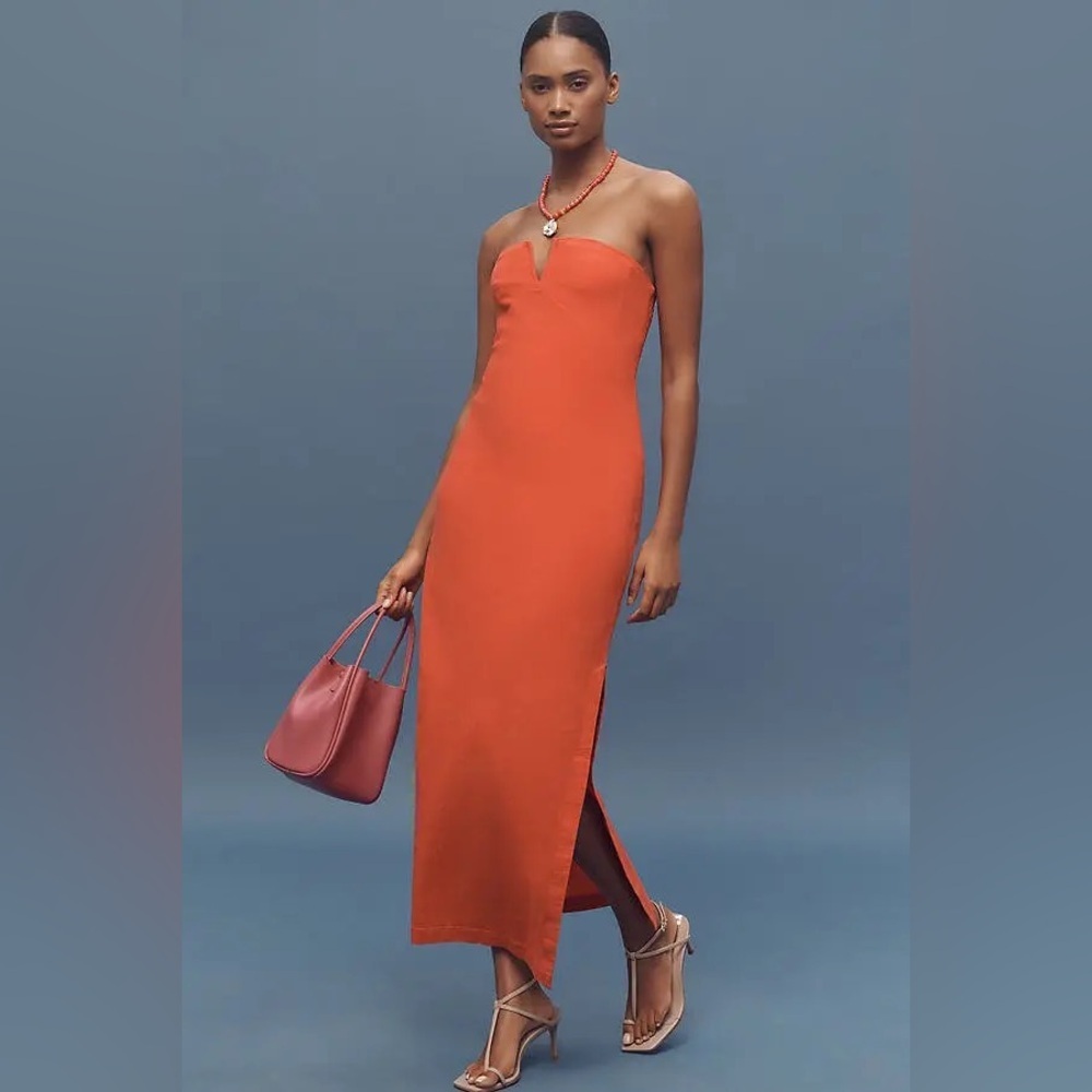 NWT Anthropologie Strapless Linen Blend Midi Dress Red